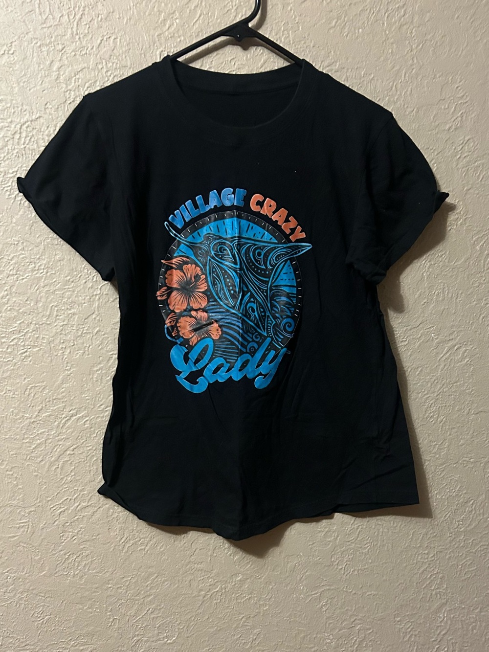 Village Crazy Lady Graphic Tee - Black with Blue & Orange Print